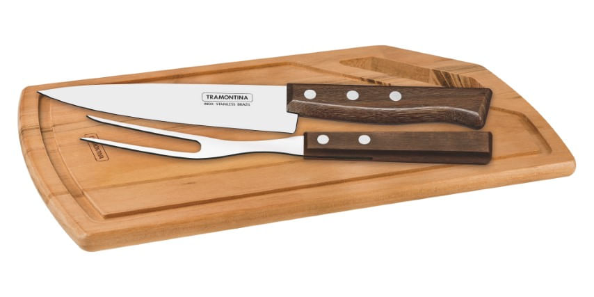 Kit churrasco Tramontina com tábua faca peixeira e garfo trinchante
