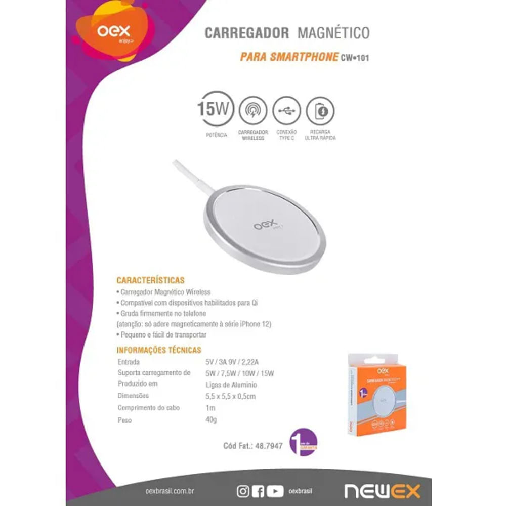 Carregador Wireless P/ Smartphone Cw101 Branco  Oex Enjoy - 3
