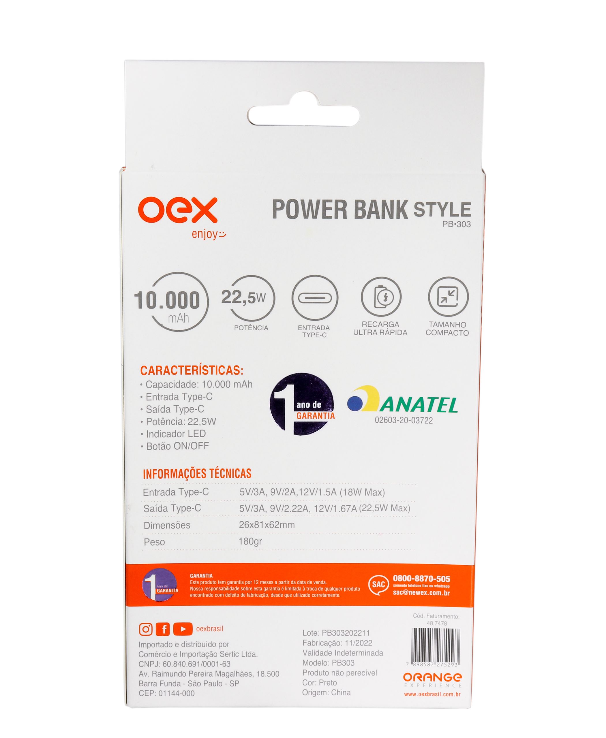 Carregador Portátil Power Bank Style 10.000Mah Preto OEX - 5