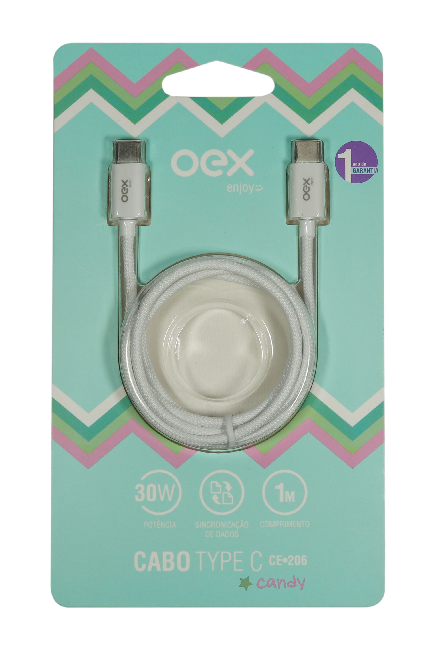 Cabo Tipo C Candy 1 Metro Branco Ce206 OEX - 1