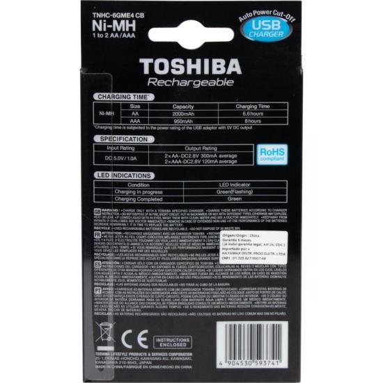 Carregador de Pilha USB TNHC-6GME4 CB (Com4 Pilhas AA 2000 MAh) Toshiba - 1