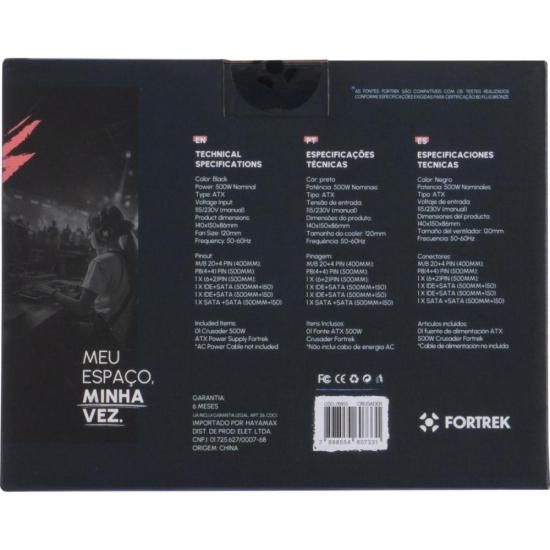 Fonte Gamer ATX Fortrek Crusader 500W Preta - 10