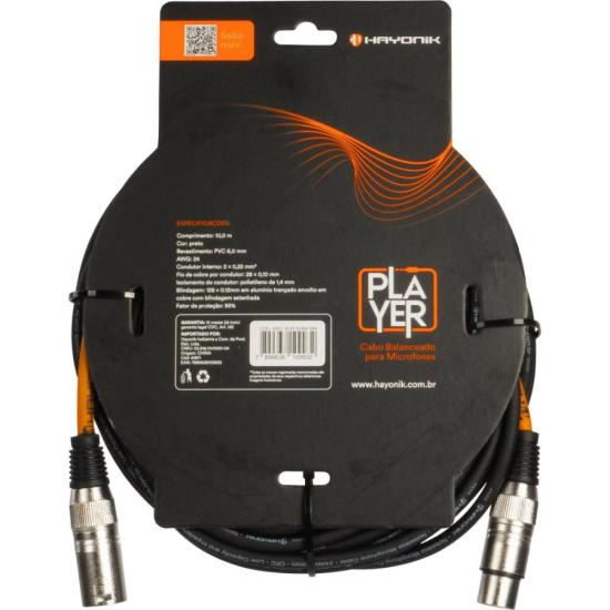 Cabo Para Microfone Player XLR(F) x XLR(M) 10m Preto Hayonik - 1