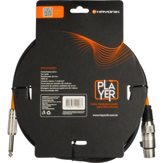 Cabo Para Microfone Player XLR(F) X P10 5m Preto Hayonik - 1