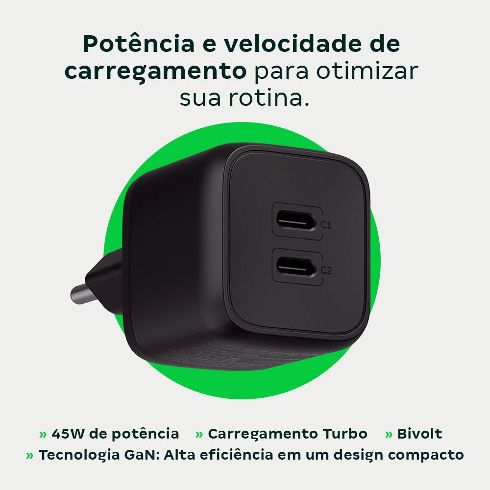 Carregador Ultrarrapido Intelbras 45W 2 Portas USB C GAN - 2